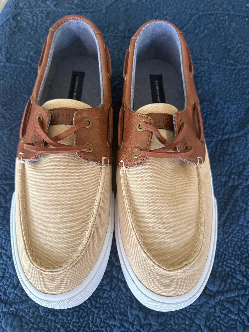 Tommy Hilfiger Men’s Tan Canvas and Brown Leather-Trim Boat Shoes